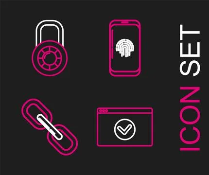 Set line Secure your site with HTTPS, SSL, Chain link, Smartphone fingerpri.. Ilustração Stock