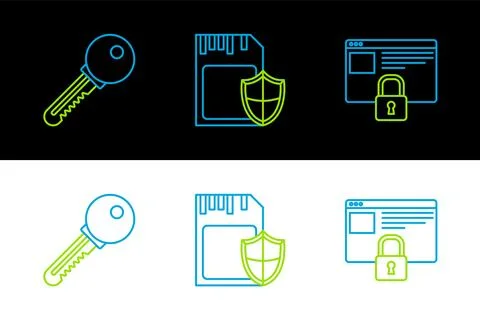 Set line Secure your site with HTTPS, SSL, Key and SD card and shield icon... Ilustración de archivo