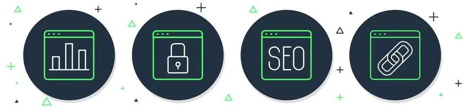 Set line Secure your site with HTTPS, SSL, SEO optimization, Graph chart in.. 스톡 일러스트
