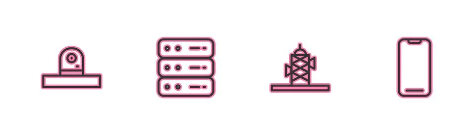 Set line Security camera, Antenna, Server, Data, Web Hosting and Smartphone icon Illustrazione stock