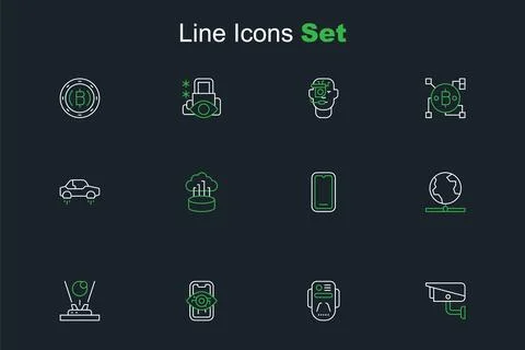 Set line Security camera, Artificial intelligence robot, Computer vision, H.. Stock Illustration