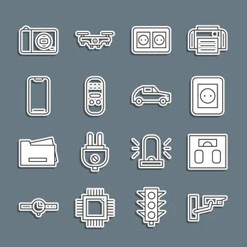 Set line Security camera, Bathroom scales, Electrical outlet, Remote control, Stock Illustration