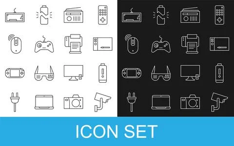 Set line Security camera, Battery charge level indicator, Graphic tablet, R.. Stock Illustration