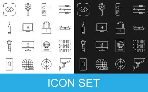 Set line Security camera, Binary code, Flasher siren, Door handle, Laptop lock Stock Illustration