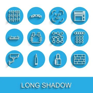 Set line Security camera, Bullet, Binary code, Safe combination lock, Bricks Stock Illustration