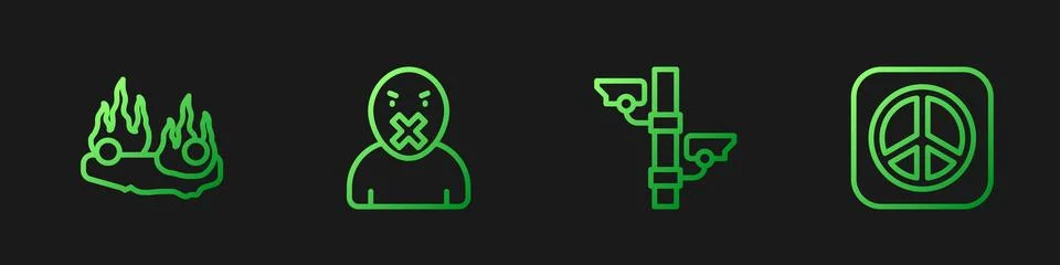 Set line Security camera, Burning car, Censor and freedom of speech and Pea.. Illustrazione stock