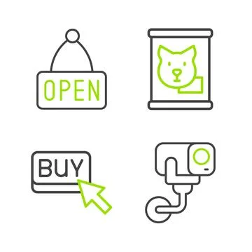 Set line Security camera, Buy button, Canned food and Hanging sign with Open Illustrazione stock