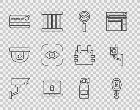 Set line Security camera, Car key with remote, Magnifying glass Search, Laptop Stock Illustration