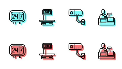 Set line Security camera, Clock 24 hours, Electronic scales and Cashier at cash Illustrazione stock