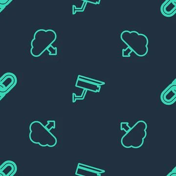 Set line Security camera, Cloud download and Chain link on seamless pattern イラスト素材