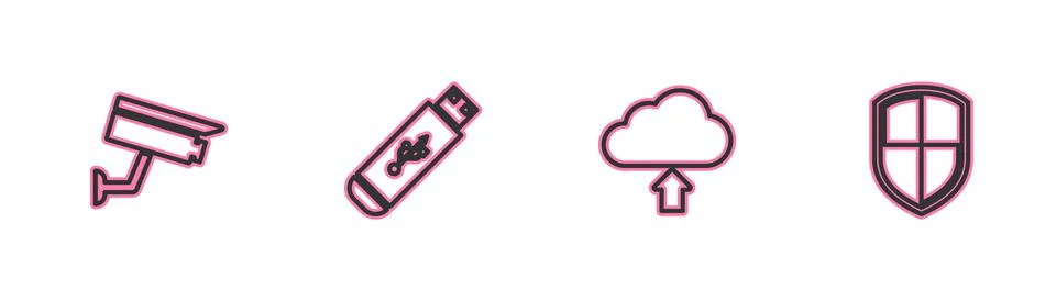 Set line Security camera, Cloud upload, USB flash drive and Shield icon. Vector Illustrazione stock