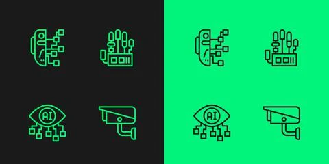 Set line Security camera, Computer vision, Humanoid robot and Mechanical hand Stock Illustration
