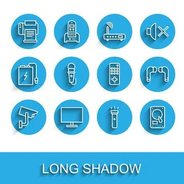 Set line Security camera, Computer monitor screen, Printer, Flashlight, Hard Stock Illustration