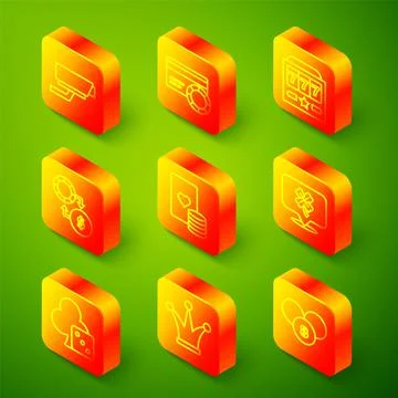 Set line Security camera, Credit card, Slot machine with jackpot, Casino chips Stock Illustration