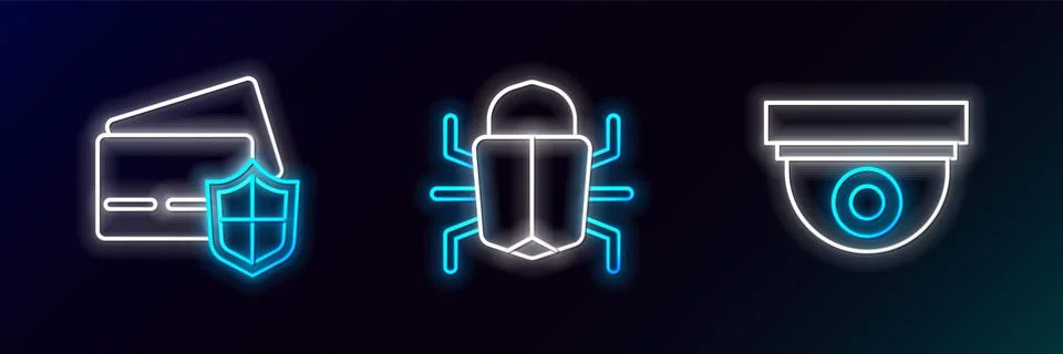 Set line Security camera, Credit card with shield and System bug icon. Glowing Stock Illustration
