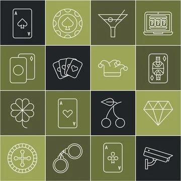 Set line Security camera, Diamond, King playing card with diamonds, Martini Stock Illustration