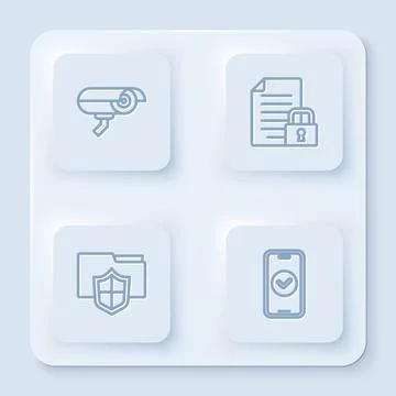 Set line Security camera, Document and lock, folder protection and Smartphone Stock Illustration