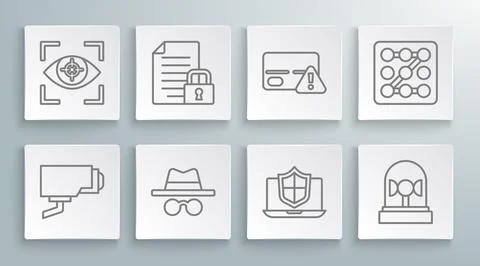 Set line Security camera, Document and lock, Incognito mode, Laptop protected Illustrazione stock