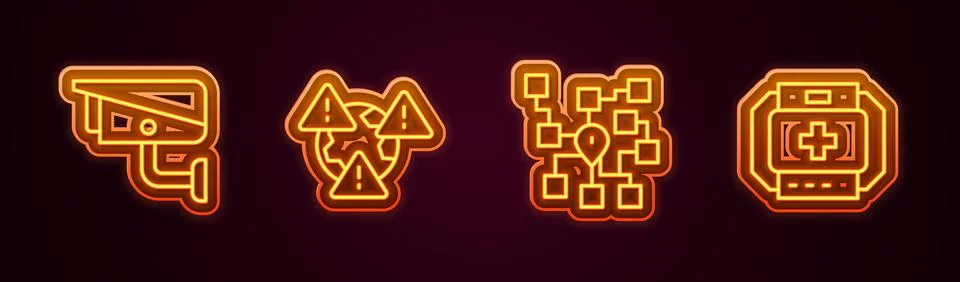 Set line Security camera, Earth with exclamation mark, Neural network and First Stock Illustration