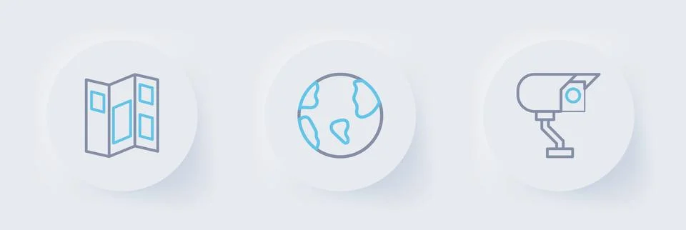 Set line Security camera, Earth globe and Museum guide brochure icon. Vector Stock Illustration