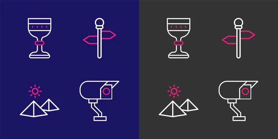 Set line Security camera, Egypt pyramids, Road traffic signpost and Medieva.. Stock Illustration