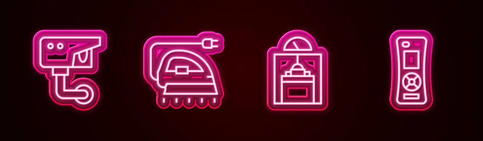 Set line Security camera, Electric iron, Lift and Remote control. Glowing neon Stock Illustration