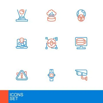 Set line Security camera, Exclamation mark in triangle, Cloud database, Int.. Illustrazione stock
