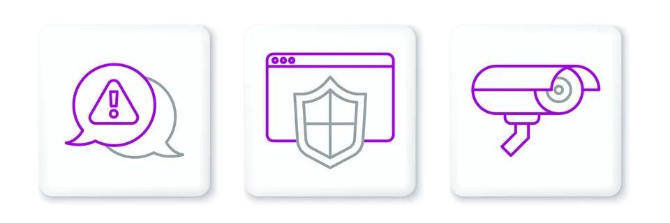 Set line Security camera, Exclamation mark in triangle and Browser with shi.. Stock Illustration