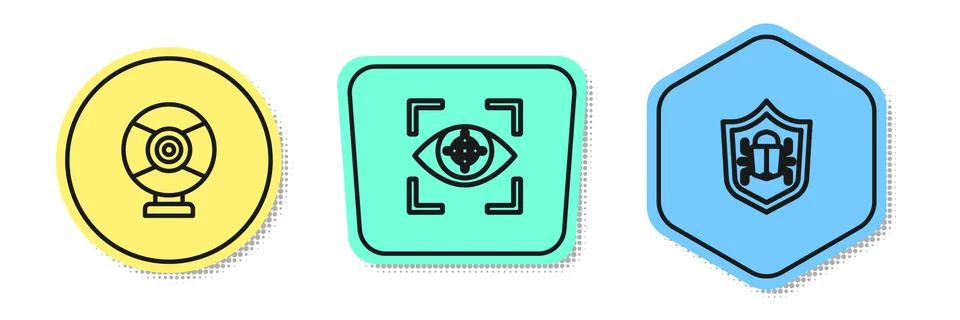 Set line Security camera, Eye scan and System bug. Colored shapes. Vector Stock Illustration