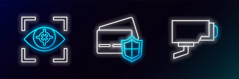 Set line Security camera, Eye scan and Credit card with shield icon. Glowin.. Stock Illustration
