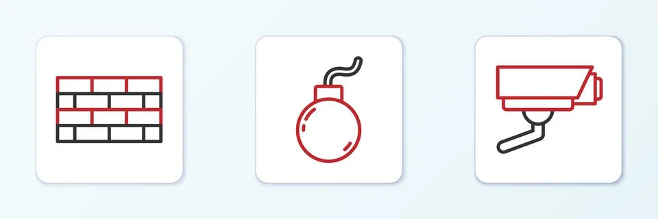 Set line Security camera, Firewall, security wall and Bomb ready to explode i Stock Illustration