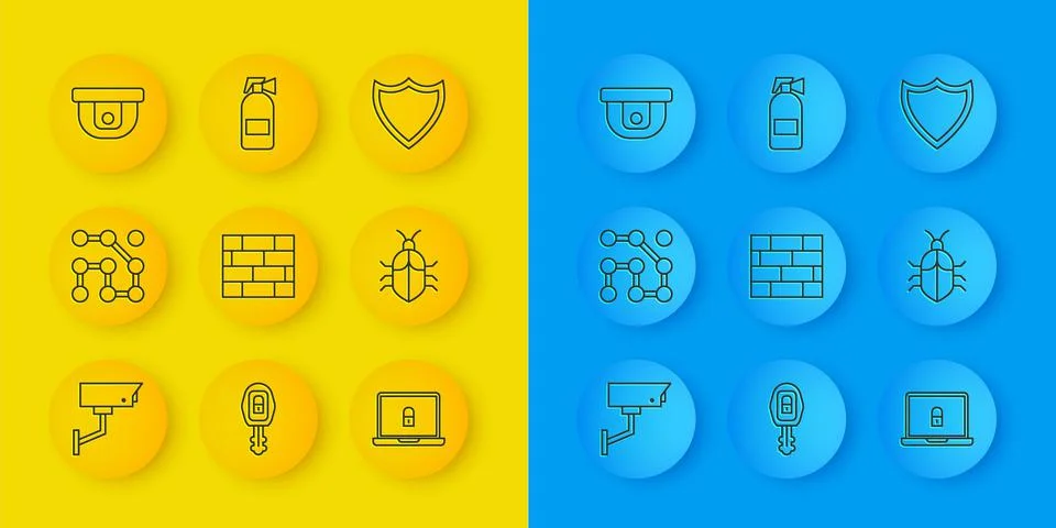 Set line Security camera, Graphic password protection, Bricks, Laptop and lock Stock Illustration