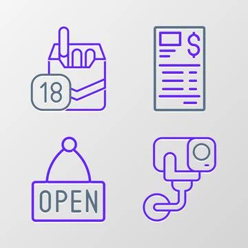 Set line Security camera, Hanging sign with Open, Paper or financial check and Stock Illustration