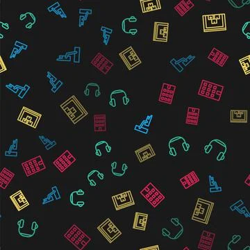 Set line Security camera, Headphones, Warehouse and House on seamless pattern Illustrazione stock