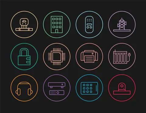 Set line Security camera, Heating radiator, Remote control, Processor with 스톡 일러스트