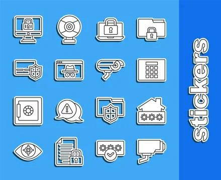 Set line Security camera, House with password, Password protection, Laptop .. Stock Illustration