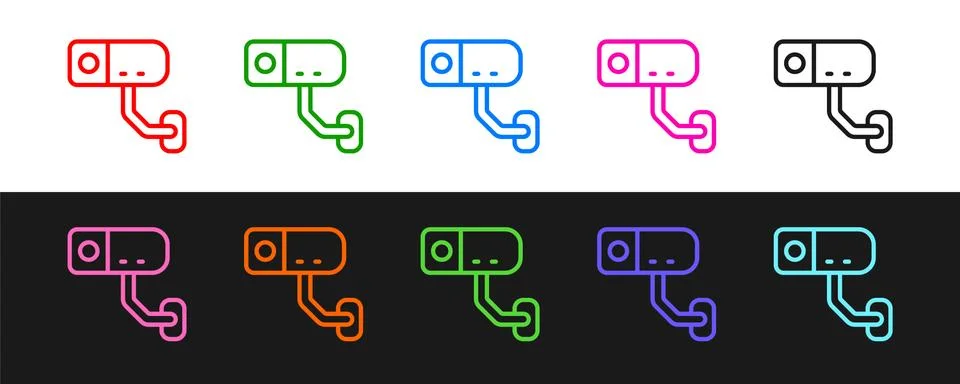 Set line Security camera icon isolated on black and white background. Vector Stock Illustration