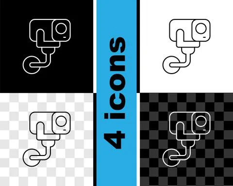 Set line Security camera icon isolated on black and white, transparent Stock Illustration