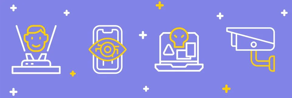 Set line Security camera, Internet piracy, Computer vision and Hologram ico.. Stock Illustration