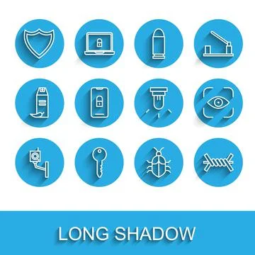 Set line Security camera, Key, Shield, System bug concept, Barbed wire, Mobile 스톡 일러스트