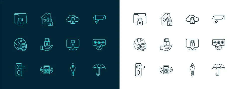 Set line Security camera, keypad access panel, Lock, Key, Cloud computing l.. Illustrazione stock