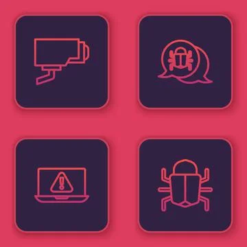 Set line Security camera, Laptop with exclamation mark, System bug and . Blue Stock-Illustration