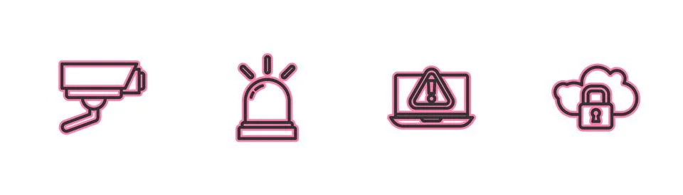 Set line Security camera, Laptop with exclamation mark, Motion sensor and Cloud Stock Illustration