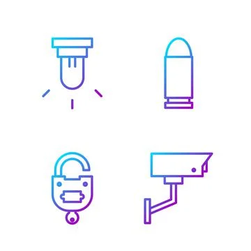 Set line Security camera, Lock and key, Motion sensor and Bullet. Gradient color Illustrazione stock