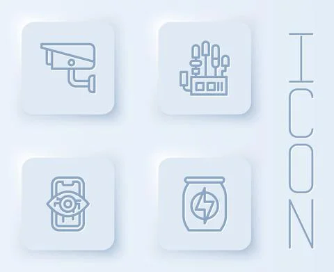 Set line Security camera, Mechanical robot hand, Computer vision and Energy Stock Illustration
