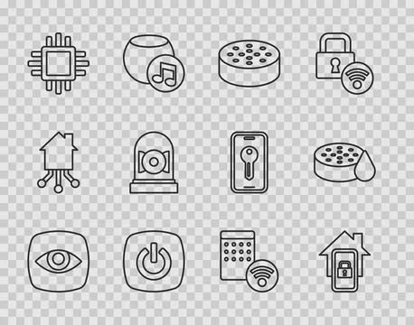 Set line Security camera, Mobile with smart home, Water sensor, Smart, Processor Stock Illustration
