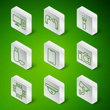 Set line Security camera, Motion sensor, Computer monitor, Smartphone, mobile Stock-Illustration