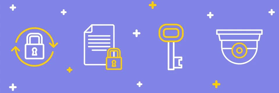 Set line Security camera, Old key, Document and lock and Lock icon. Vector Illustrazione stock