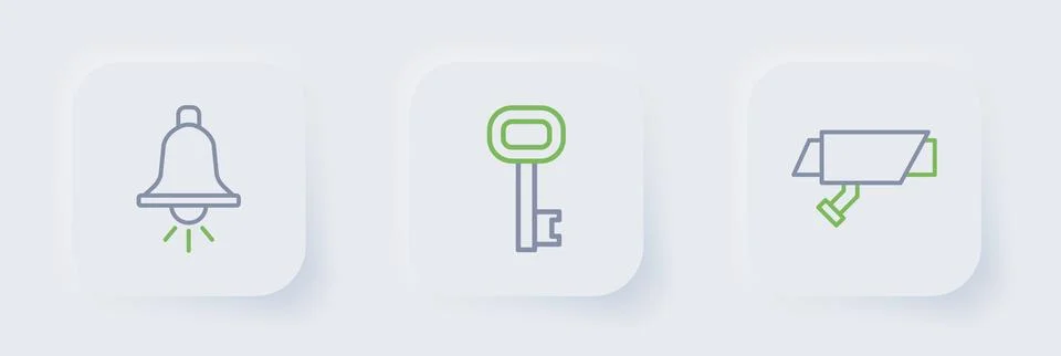 Set line Security camera, Old key and Ringing alarm bell icon. Vector Stock Illustration