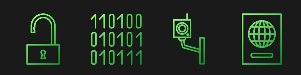 Set line Security camera, Open padlock, Binary code and Passport. Gradient color Stock Illustration